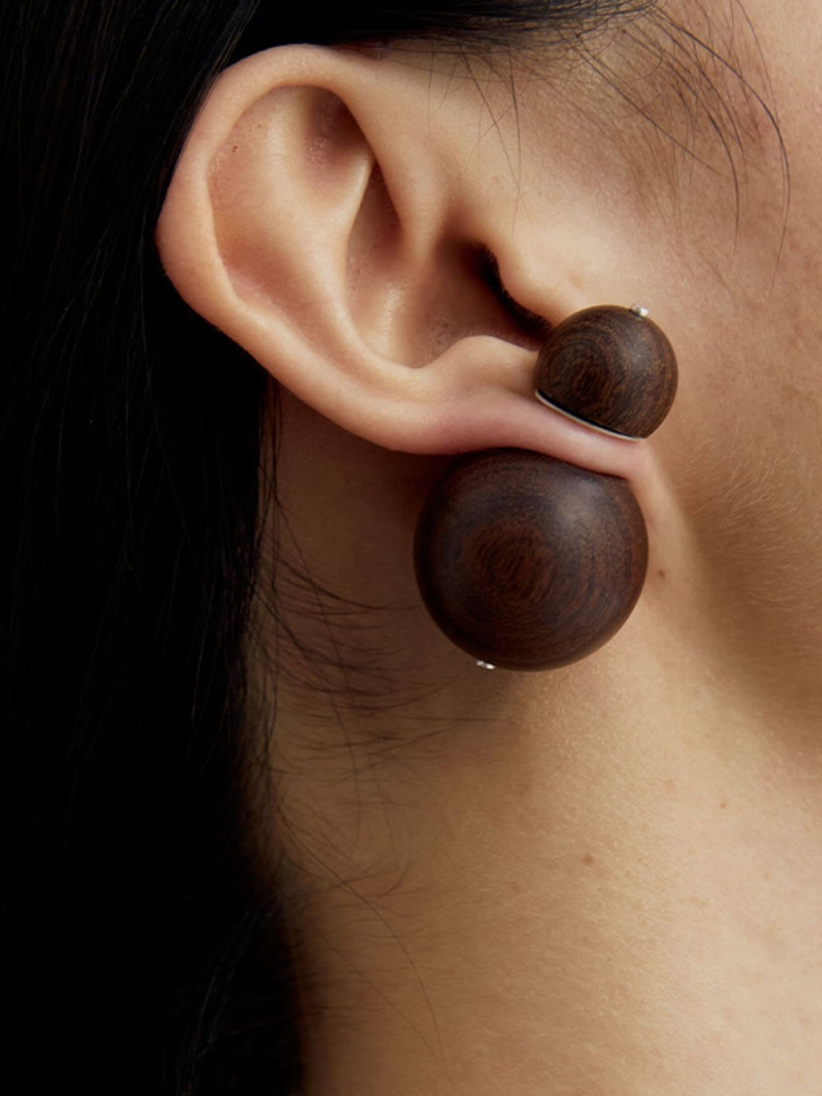 Compounded Small  Orb  Earrings in  Zebra  Wood