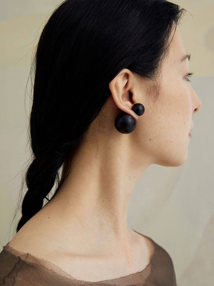 Compounded Small  Orb  Earrings in  Ebony  Wood