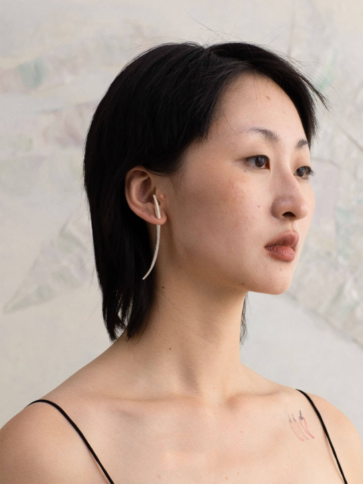 Long Silver Arc Sprout Earring-Single