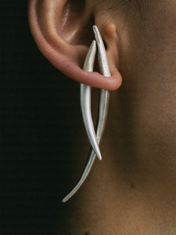 Long Silver Arc Sprout Earring-Single