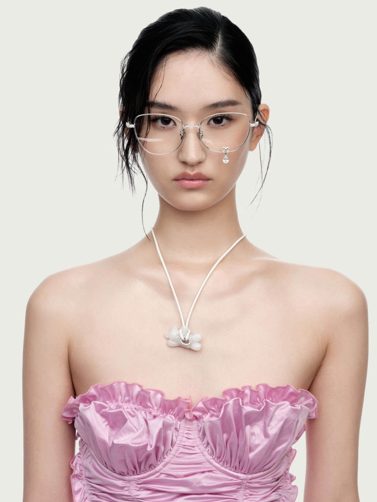 Silver Velvet Bear Pendant Glasses with Gem Accents