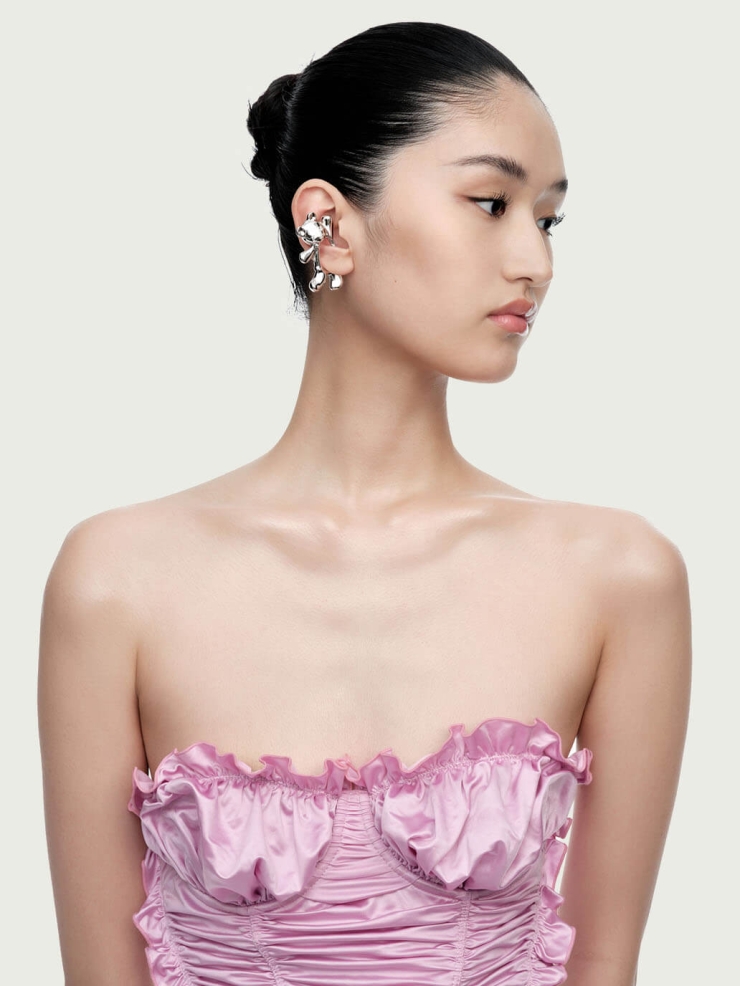 Silver Waving Bear Spring Ear Cuff - Single Right