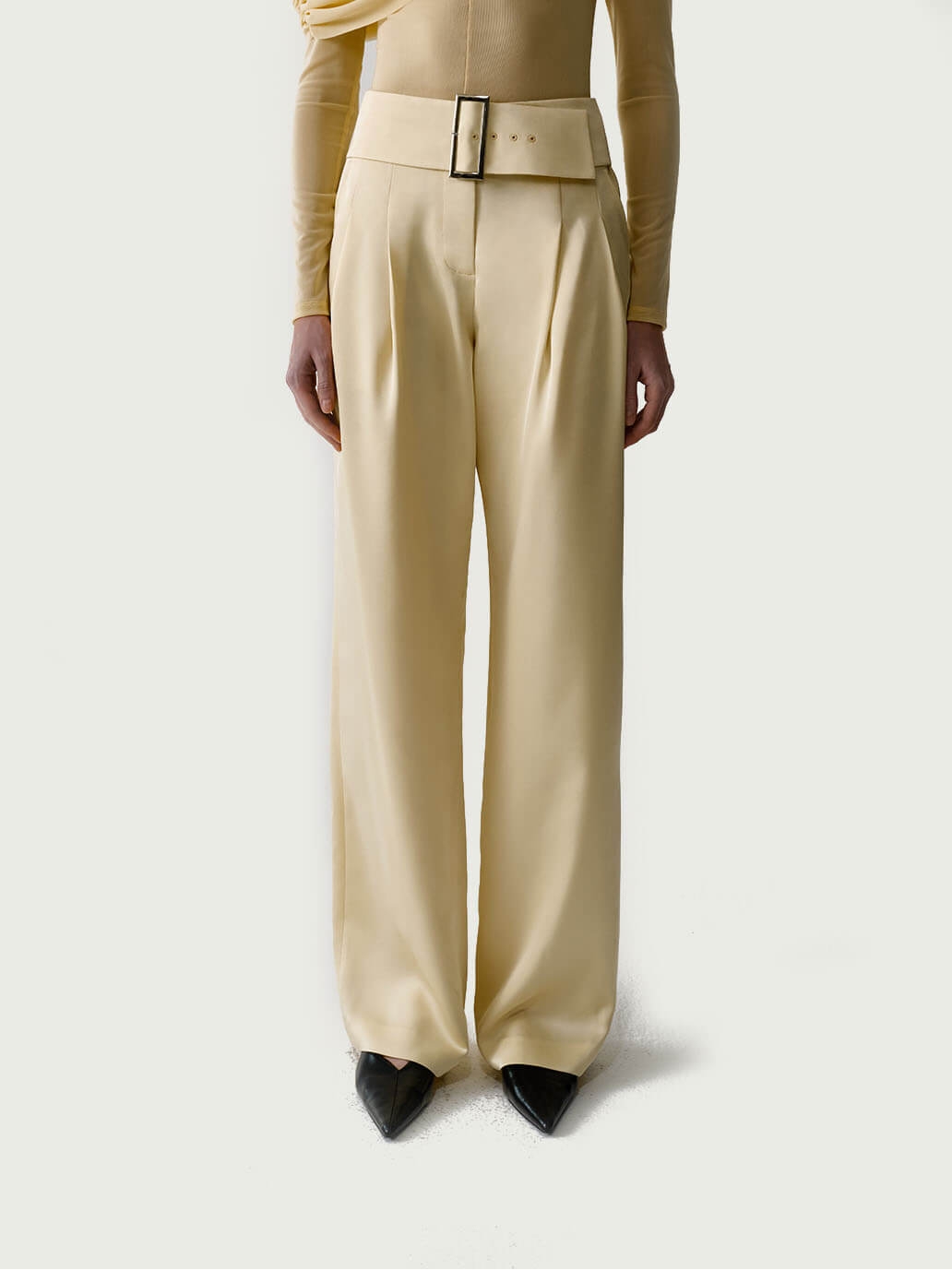 Light Yellow Low-Rise Wide-Leg Tailored Satin Pants