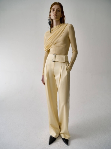Light Yellow Low-Rise Wide-Leg Tailored Satin Pants