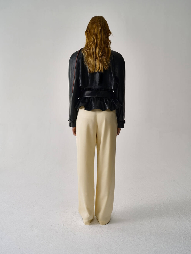 Light Yellow Low-Rise Wide-Leg Tailored Satin Pants