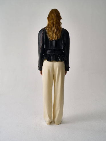 Light Yellow Low-Rise Wide-Leg Tailored Satin Pants