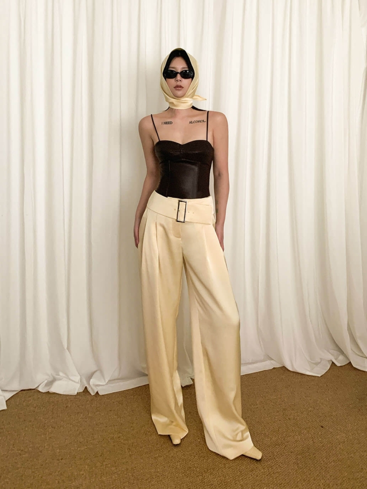 Light Yellow Low-Rise Wide-Leg Tailored Satin Pants