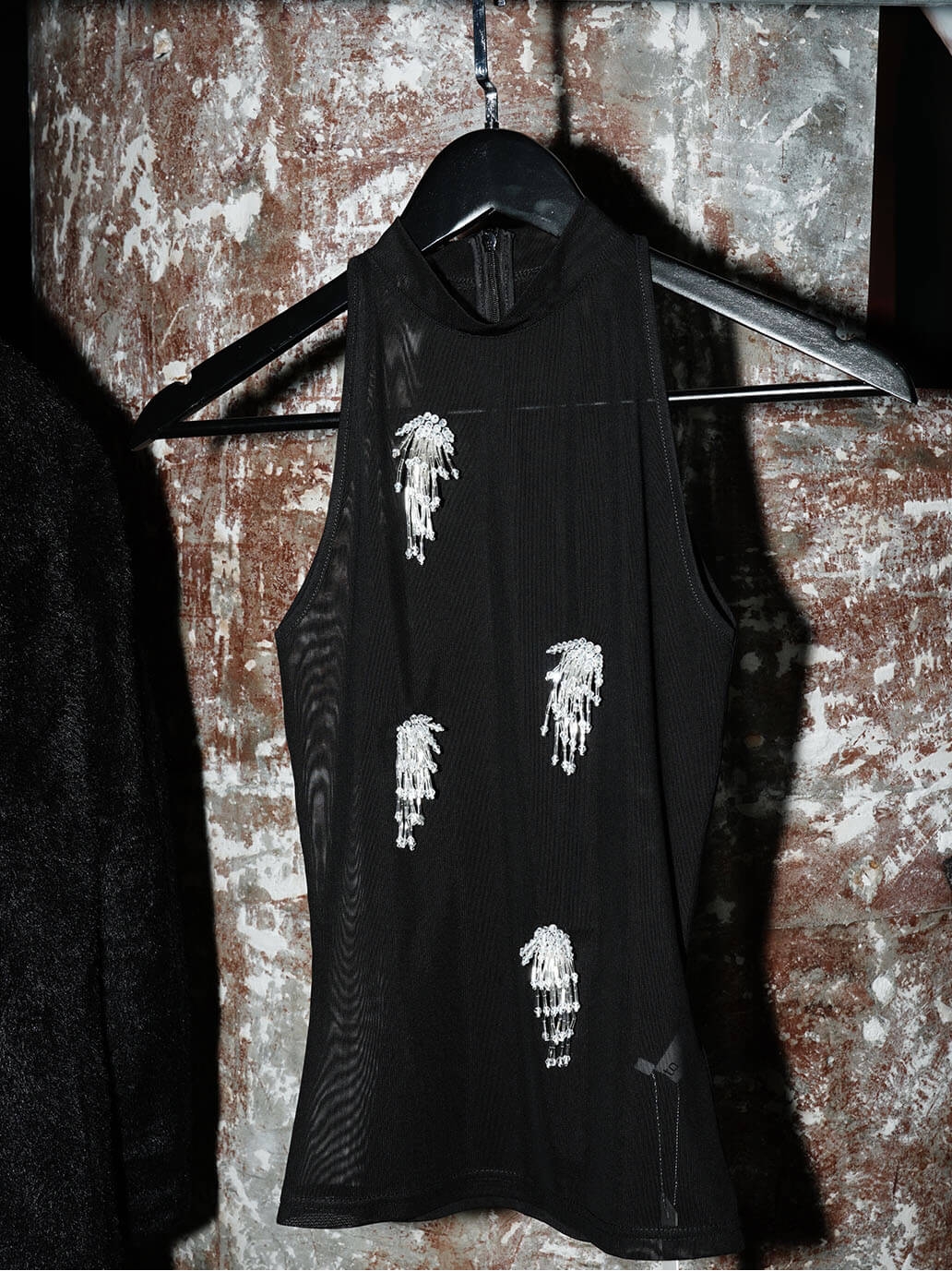 Black Beaded Fringe Fitted Sleeveless Top-Opaque