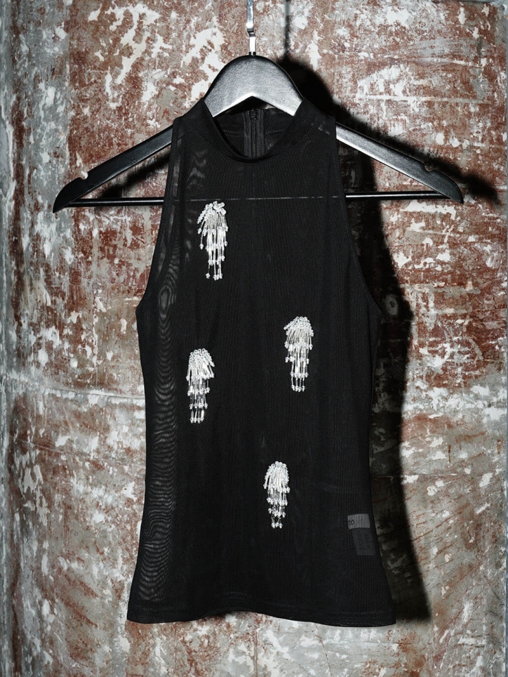 Black Beaded Fringe Fitted Sleeveless Top-Opaque