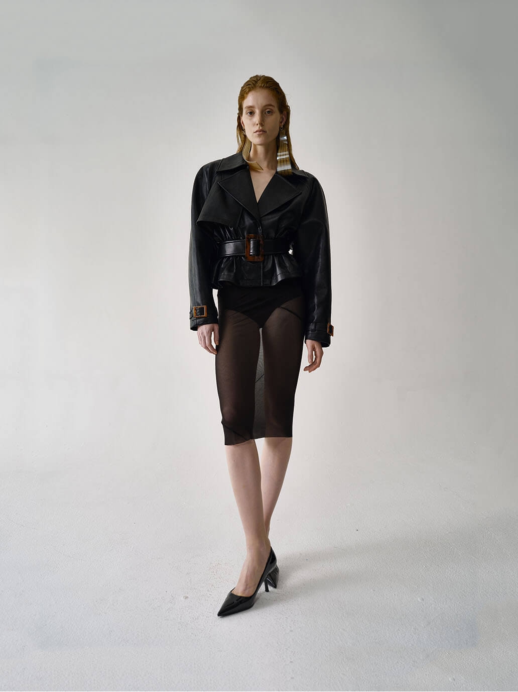 Black Leather Short Oversized Cinched Trench Coat