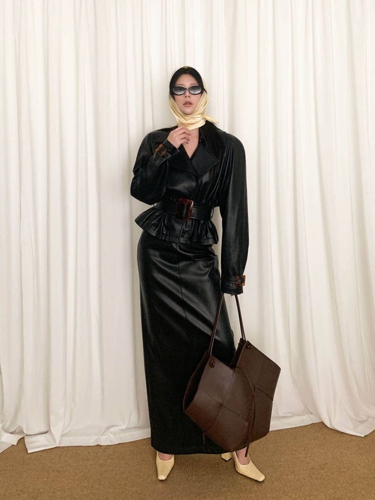 Black Leather Short Oversized Cinched Trench Coat