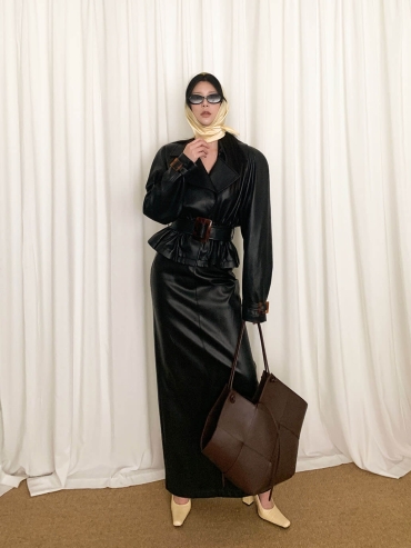 Black Leather Short Oversized Cinched Trench Coat