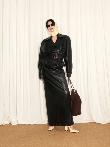 Black Leather Short Oversized Cinched Trench Coat