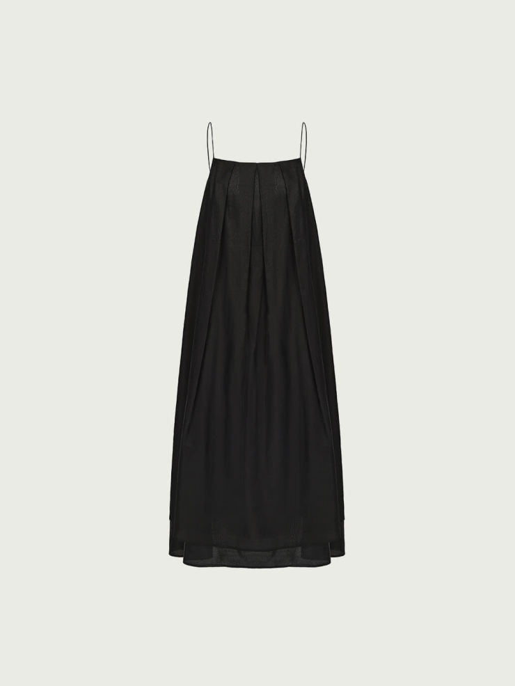 Black Tencel Tulle Double Layered Strap Long Dress