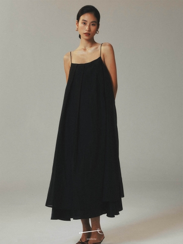 Black Tencel Tulle Double Layered Strap Long Dress