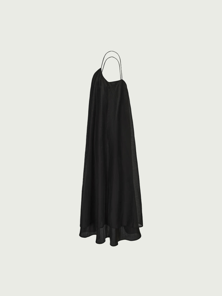 Black Tencel Tulle Double Layered Strap Long Dress