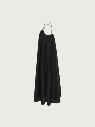 Black Tencel Tulle Double Layered Strap Long Dress