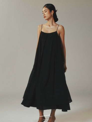 Black Tencel Tulle Double Layered Strap Long Dress