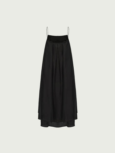 Black Tencel Tulle Double Layered Strap Long Dress
