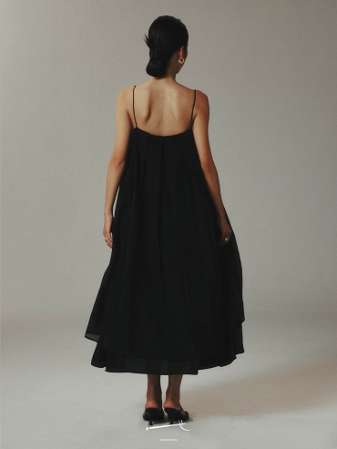 Black Tencel Tulle Double Layered Strap Long Dress