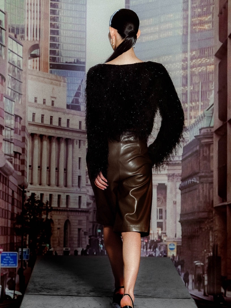 Asymmetrical Pleated Leather Midi Pants