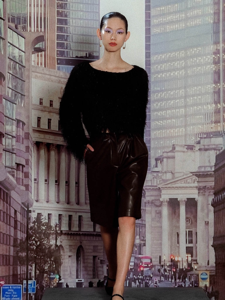 Asymmetrical Pleated Leather Midi Pants