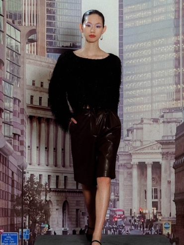 Asymmetrical Pleated Leather Midi Pants