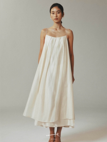 Beige Tencel Tulle Double Layered Strap Long Dress