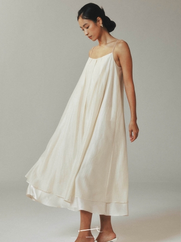 Beige Tencel Tulle Double Layered Strap Long Dress