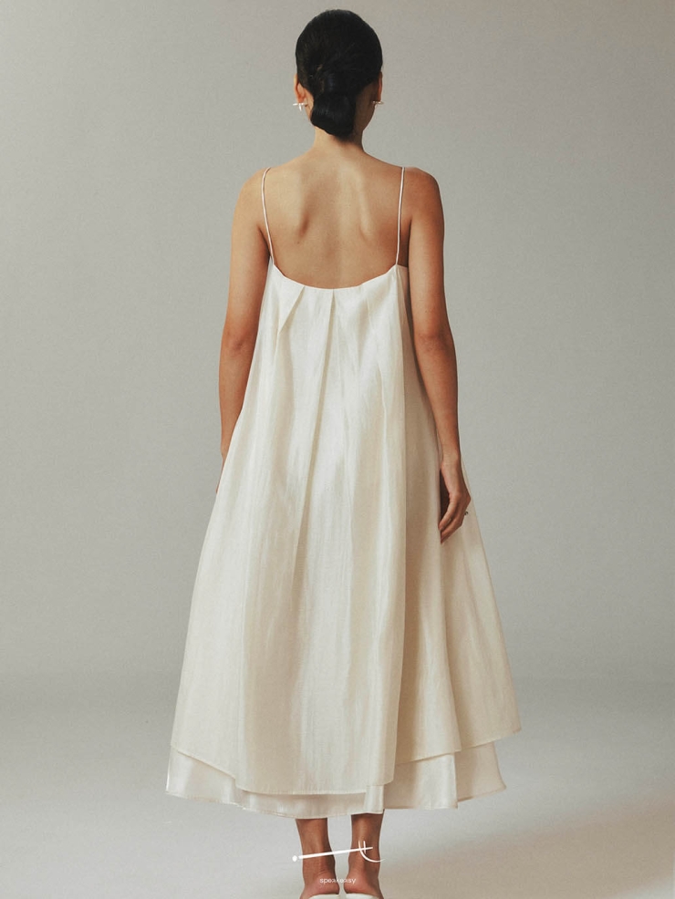 Beige Tencel Tulle Double Layered Strap Long Dress