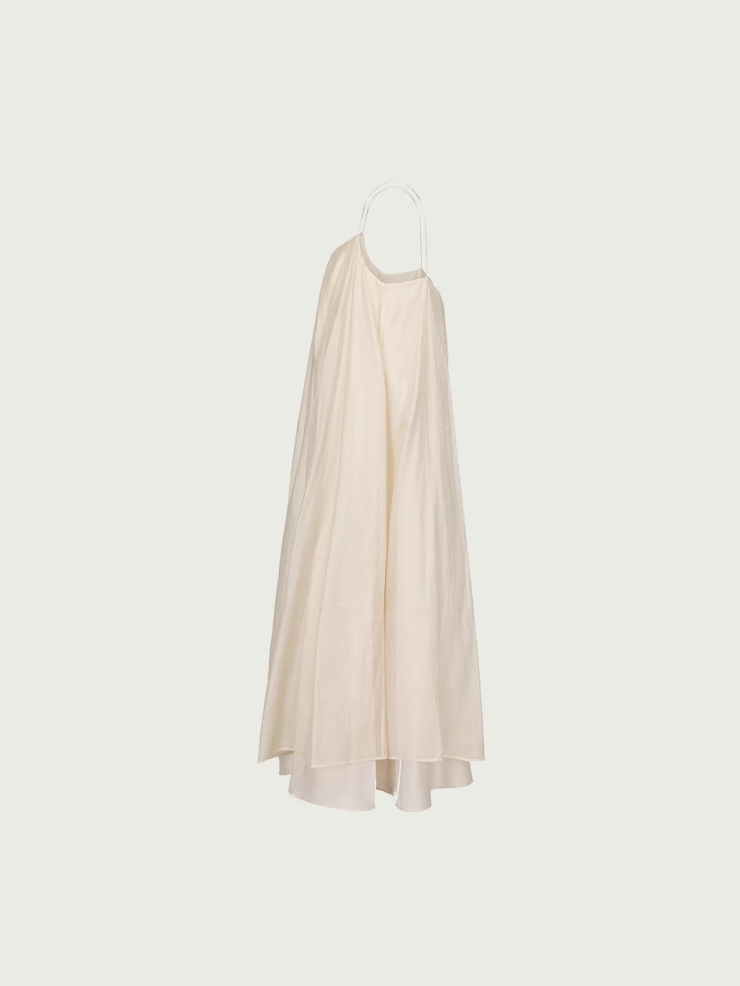 Beige Tencel Tulle Double Layered Strap Long Dress