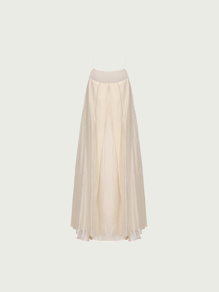 Beige Tencel Tulle Double Layered Strap Long Dress