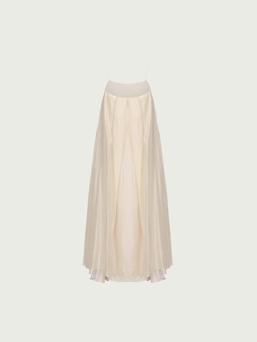 Beige Tencel Tulle Double Layered Strap Long Dress