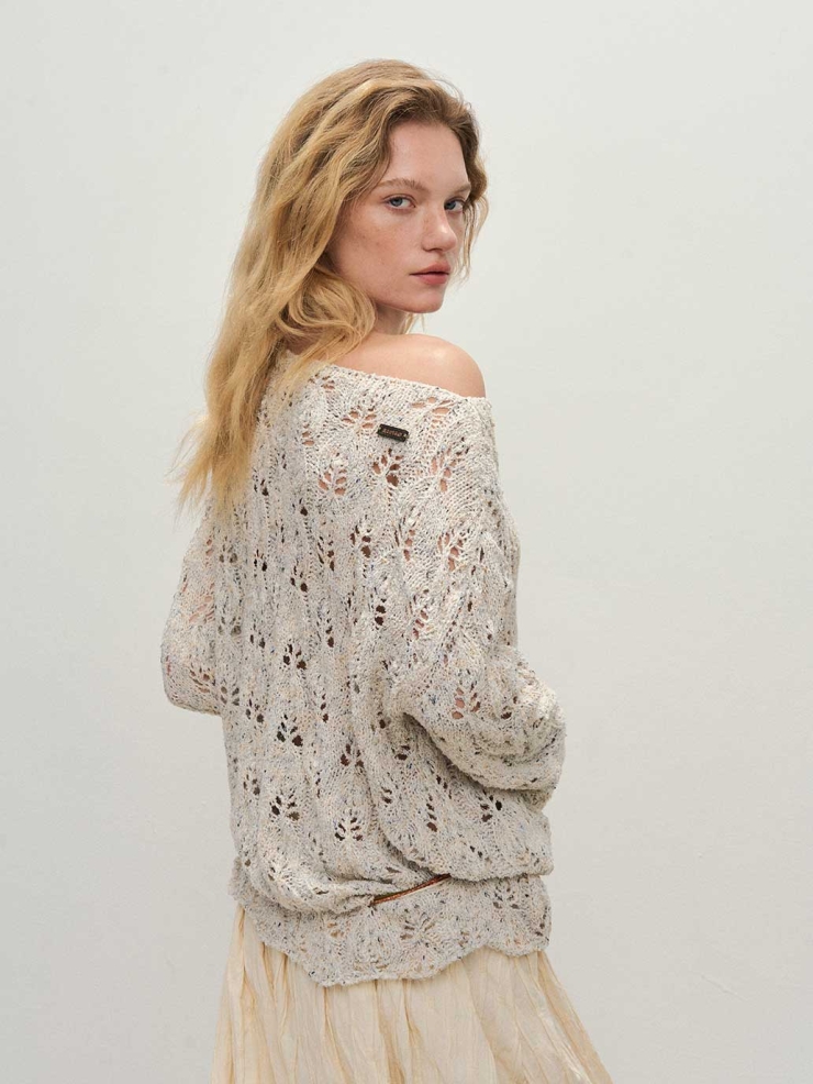 Apricot Openwork Knit Sweater