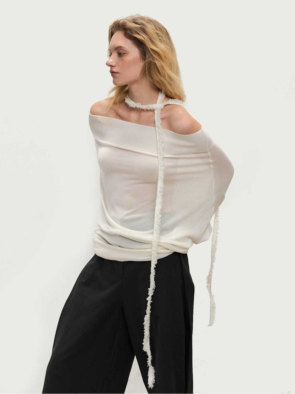 Ivory Off-Shoulder Loose Knit Long-Sleeve Sweater