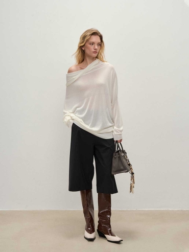 Ivory Off-Shoulder Loose Knit Long-Sleeve Sweater