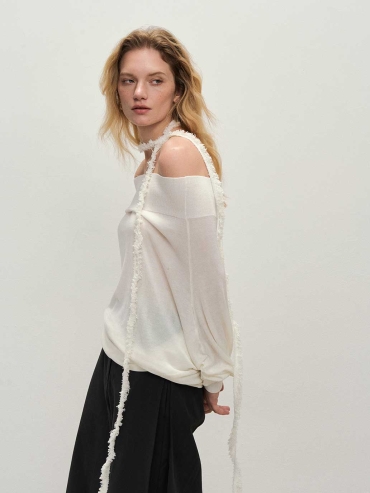 Ivory Off-Shoulder Loose Knit Long-Sleeve Sweater