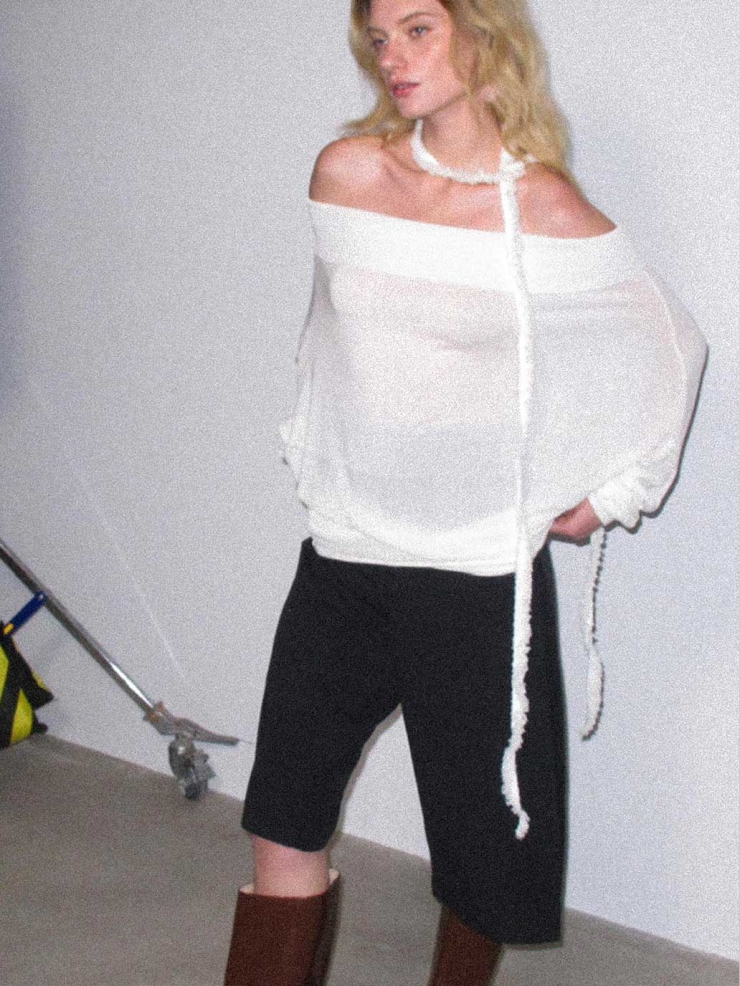 Ivory Off-Shoulder Loose Knit Long-Sleeve Sweater