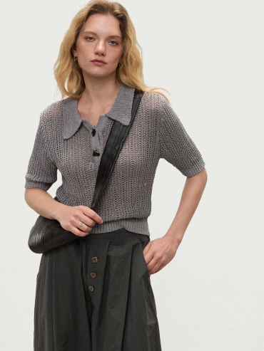 Grey Knit Short-Sleeve Textured Polo Top