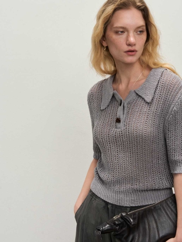 Grey Knit Short-Sleeve Textured Polo Top