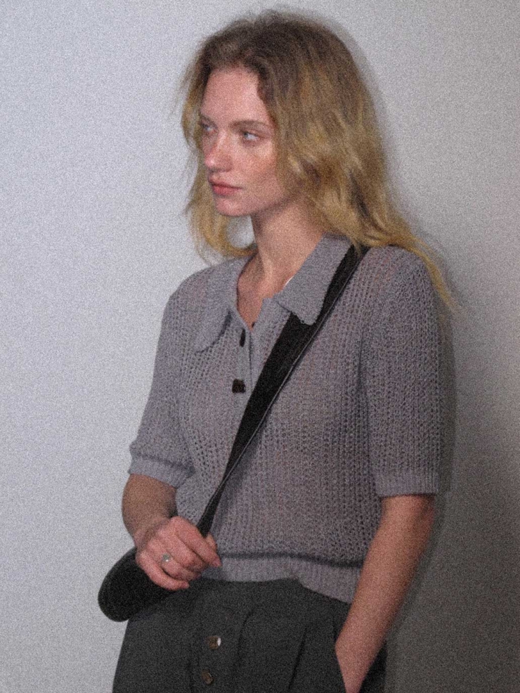 Grey Knit Short-Sleeve Textured Polo Top