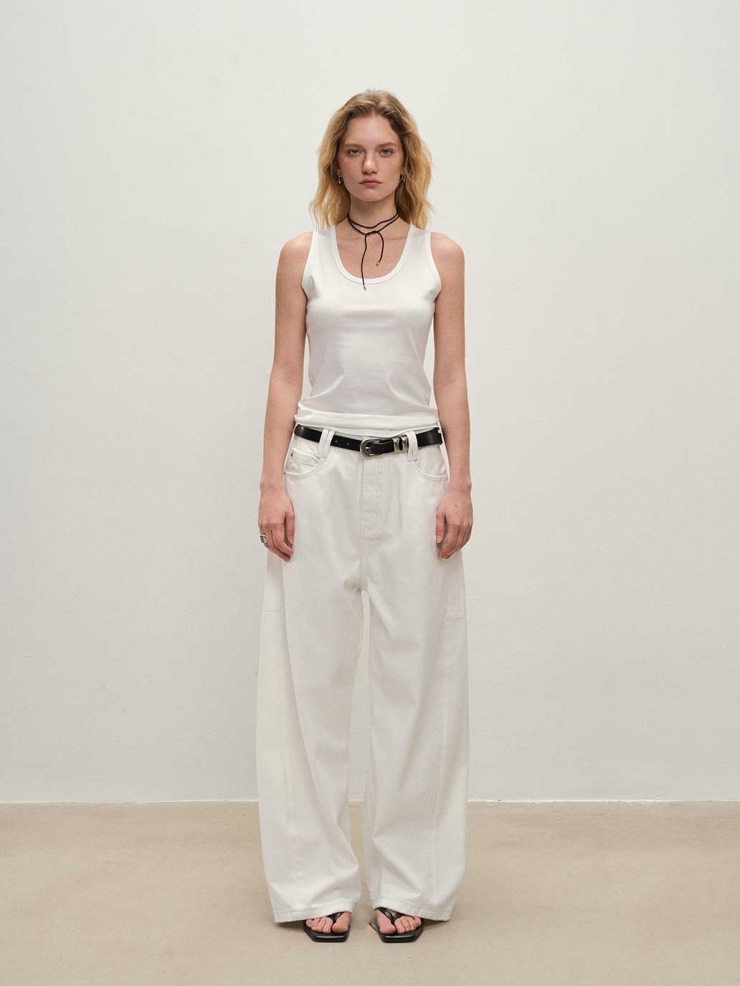 White Structured Wide-Leg Workwear Pants