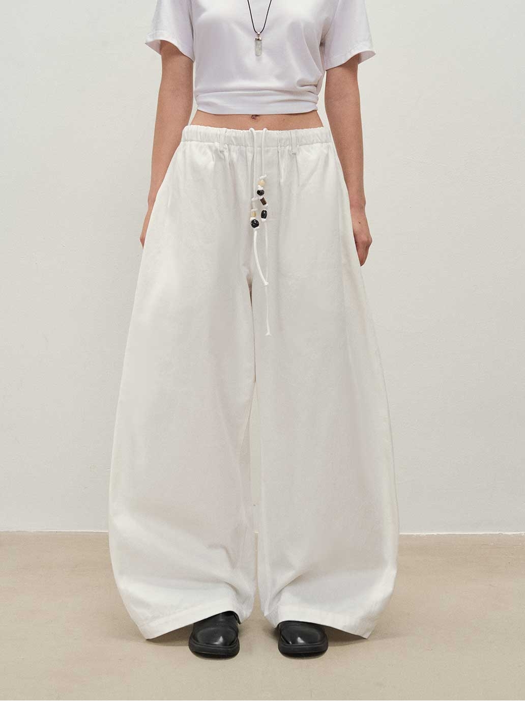 White Trousers with Beaded Waist Cord