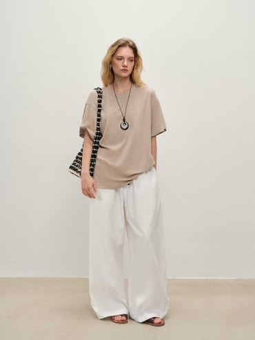White Trousers with Beaded Waist Cord