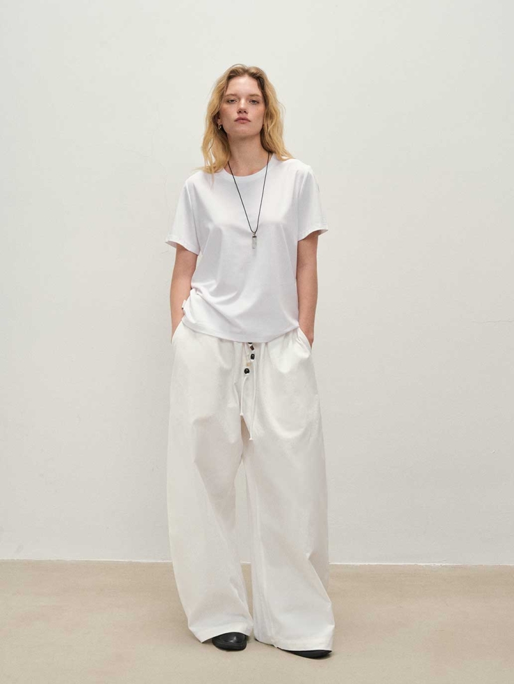 White Trousers with Beaded Waist Cord