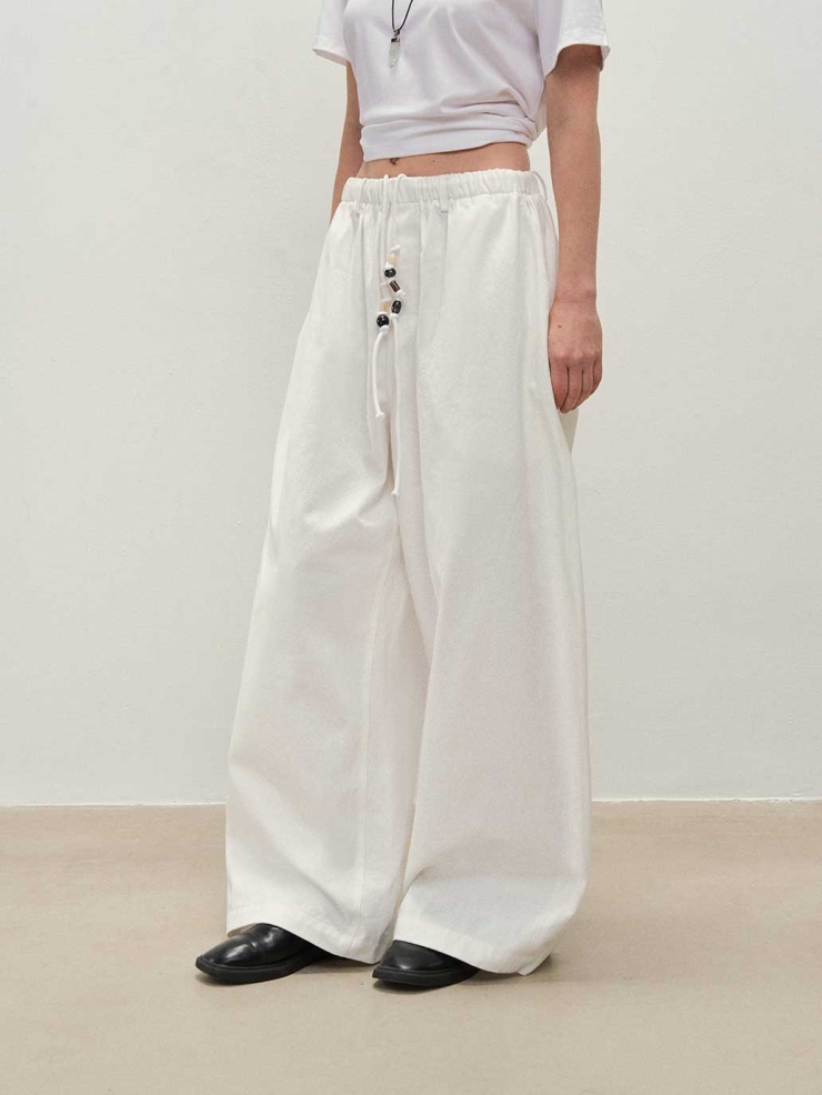 White Trousers with Beaded Waist Cord