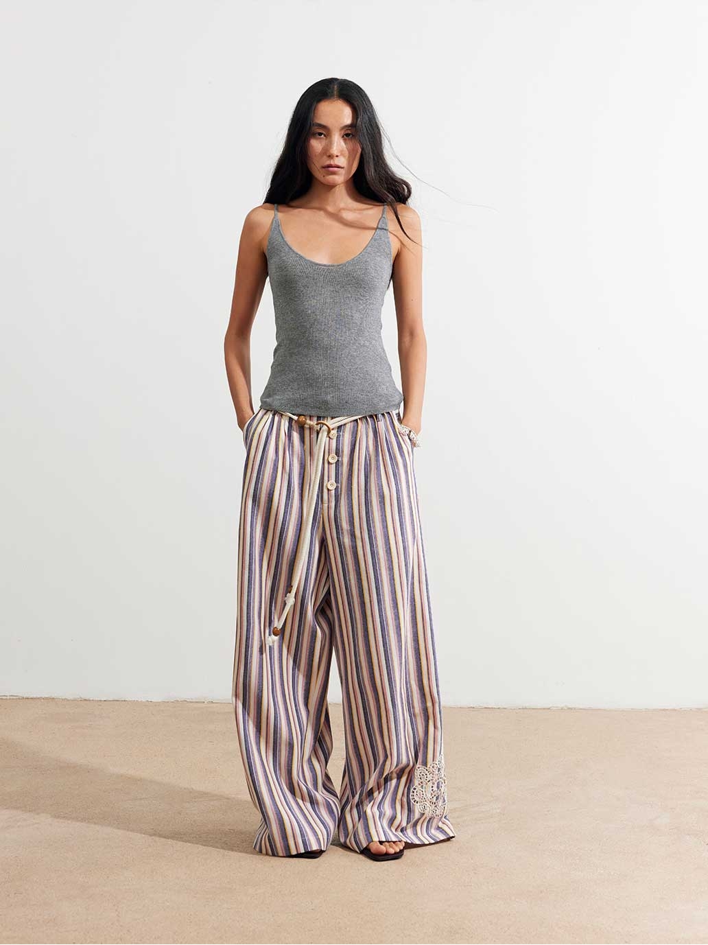 Embroidered Drawstring Striped Wide-Leg Pants