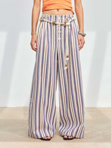 Embroidered Drawstring Striped Wide-Leg Pants