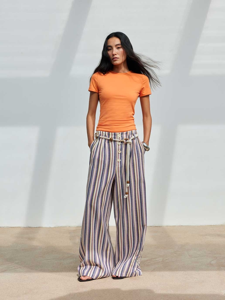 Embroidered Drawstring Striped Wide-Leg Pants