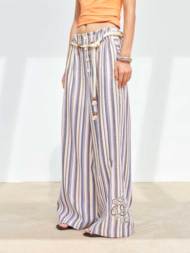 Embroidered Drawstring Striped Wide-Leg Pants